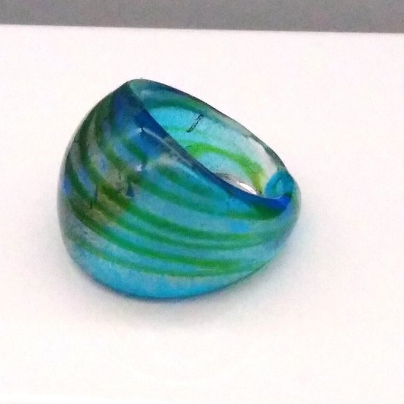 Vintage Dichroic Glass Ring, Shimmering Blue and Gold Striped Dome - Picture 2 of 4